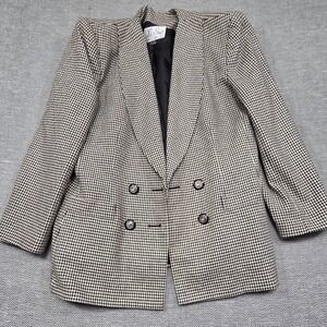 Le Suit Vintage Wool Blend Houndstooth DoubleBreasted Blazer Black White Size 14